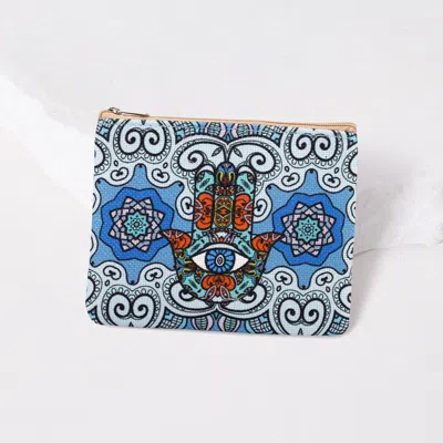 Fashnzfab Abstract Evil Eye Hamsa Hand Printed Mini Pouch Bag In Blue