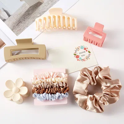 Fashnzfab 10pcs - Flower Square Hair Claw Clips Stretchable Fabric Hairbands Set In Brown