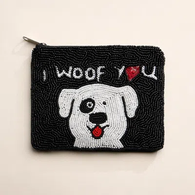 Fashnzfab I Woof You Message Puppy Seed Beaded Mini Pouch Bag In Black
