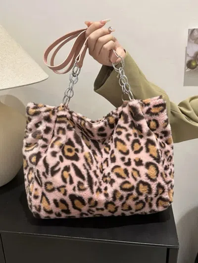 Truedames Faux Fur Leopard Shoulder Bag In Pink