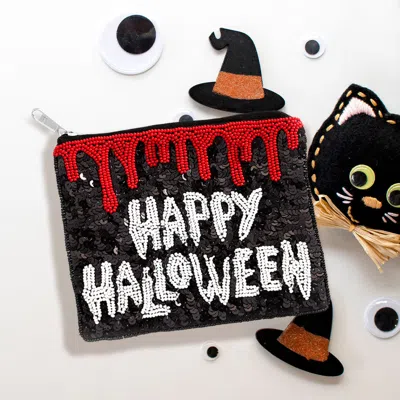Fashnzfab Happy Halloween Message Sequin Beaded Mini Pouch Bag In Black