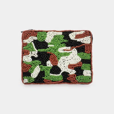 Fashnzfab Camouflage Patterned Seed Beaded Coin / Card Purse In Green