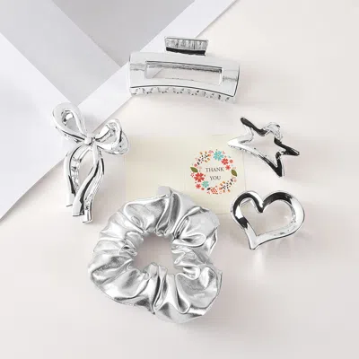 Fashnzfab 5pcs - Chrome Bow Heart Star Square Open Hair Claw Clips Stretchable Fabric Hairband Set In Metallic