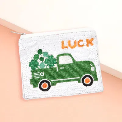 Fashnzfab Lucky Message Sequin St Patricks Day Clover Truck Beaded Mini Pouch Bag In White