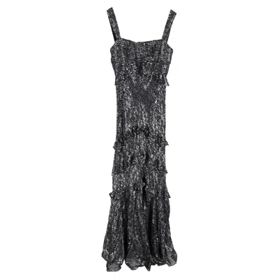 Saloni Chandra Ruffled Evening Dress In Black Silk In Gray