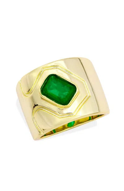 Savvy Cie Jewels 18k Yellow Gold Plated Wide Cigar Band With Green Stone In Gold