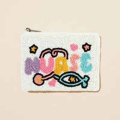 Fashnzfab Nurse Message Seed Beaded Mini Pouch Bag In White