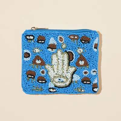 Fashnzfab Evil Eye Hamsa Hand Seed Beaded Mini Pouch Bag In Blue