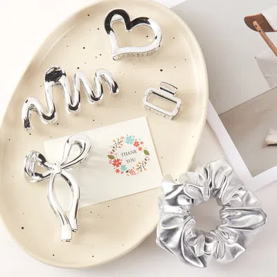 Fashnzfab 5pcs - Chrome Open Heart Bow Hair Claw Clips Stretchable Fabric Hairband Set In Metallic