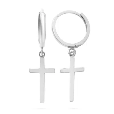 Maxcolor 10k Yellow Or White Gold Dangle Cross And Hidden Notched Small Huggie Hoop Earrings In Metallic