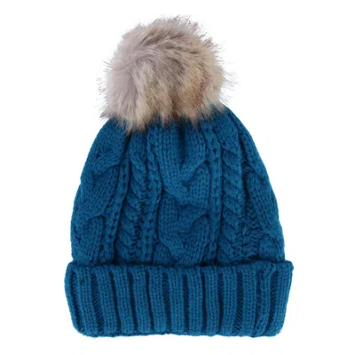 Ctm Women's Cable Knit Lined Winter Beanie With Synthetic Fur Pom In Blue