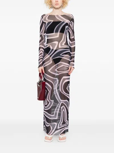 Pucci Maxi Dress With Abstract Pattern And Long Sleeves In Black