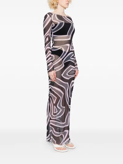 Pucci Maxi Dress With Abstract Pattern And Long Sleeves In Black