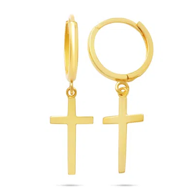 Maxcolor 10k Yellow Or White Gold Dangle Cross And Hidden Notched Small Huggie Hoop Earrings In Gold