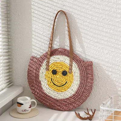 Fashnzfab Smile Pointed Color Block Straw Round Shoulder Bag In Pink