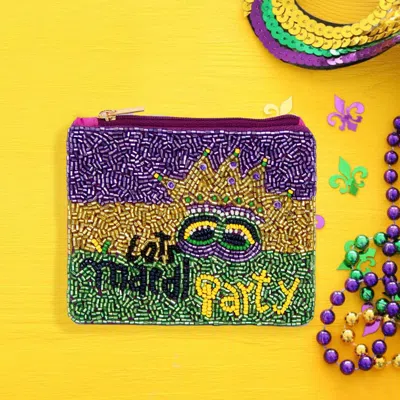 Fashnzfab Lets Mardi Party Message Mardi Gras Mask Seed Beaded Mini Pouch Bag In Multi