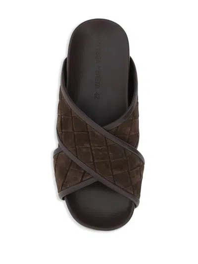 Bottega Veneta Tarik Intrecciato Suede Leather Slides In Brown