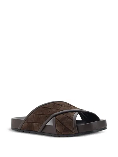 Bottega Veneta Tarik Intrecciato Suede Leather Slides In Brown
