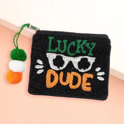 Fashnzfab Lucky Dude Message Sequin Sunglasses Beaded Mini Pouch Bag In Multi