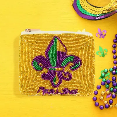 Fashnzfab Fleur De Lis Mardi Gras Message Seed Beaded Mini Pouch Bag In Multi