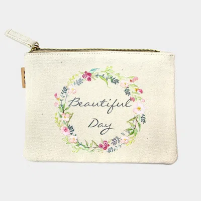 Fashnzfab Beautiful Day Message Flower Printed Cotton Canvas Eco Pouch Bag In Multi