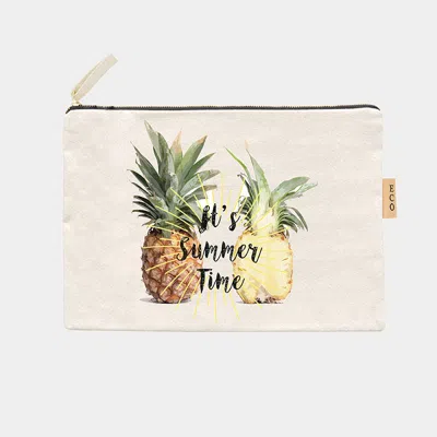 Fashnzfab It's Summer Time Message Pineapple Printed Cotton Canvas Eco Pouch Bag In Multi