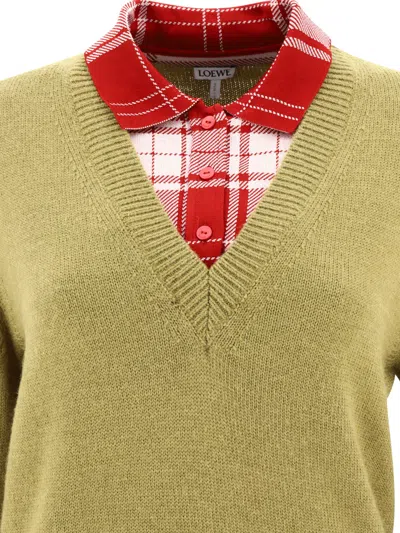 Loewe Paneled Checked Silk Blend-trimmed Knitted Sweater In Green