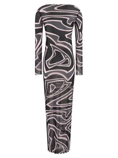 Pucci Maxi Dress With Abstract Pattern And Long Sleeves In Black