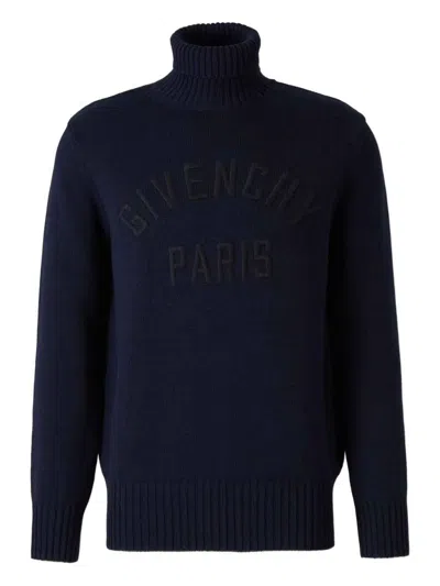 Givenchy Turtleneck Sweater In Cotton With Paris Embroidery Clothing In Blue