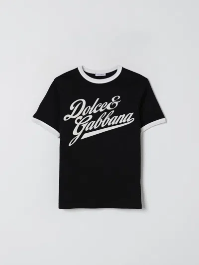 Dolce & Gabbana Boy's Flocked Logo Script Ringer T-shirt In Black