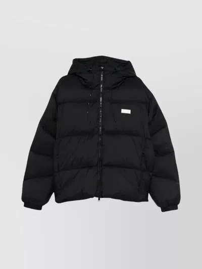 Msgm Short Black Down Jacket With White Label And Zip  In Black