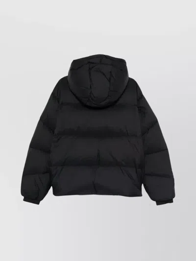 Msgm Short Black Down Jacket With White Label And Zip  In Black