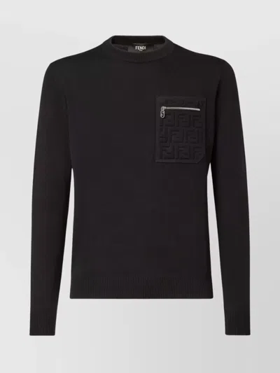 Fendi Regular Fit Wool Blend Pullover With Pockets In Black