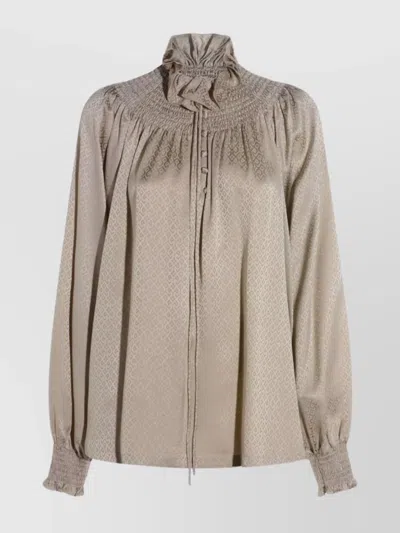 Burberry High Neck Long Sleeve Top With Ruffle In Gray