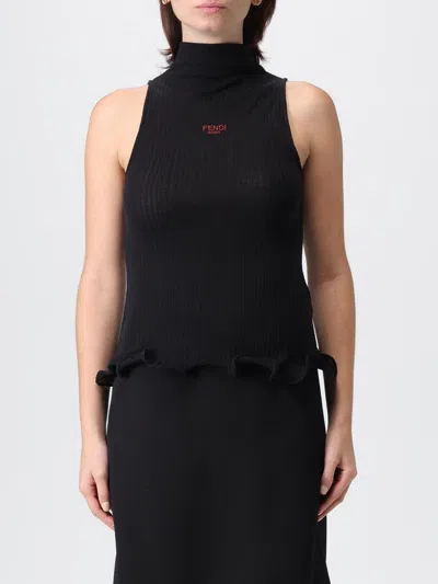 Fendi High Neck Fitted Sleeveless Top With Ruffles Clothing In Black