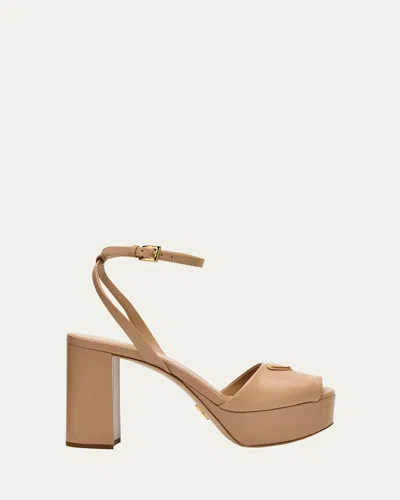 Prada Nappa Triangle Peep-toe Platform Sandals In Neutral