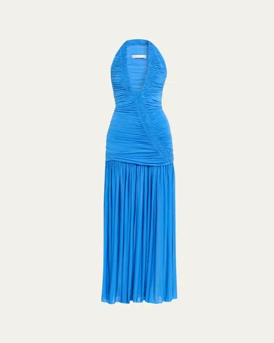 Christopher Esber Orion Open-back Ruched Mesh Gown In Blue