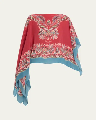Etro Asymmetric Silk Poncho Top With Placed Print In Multi