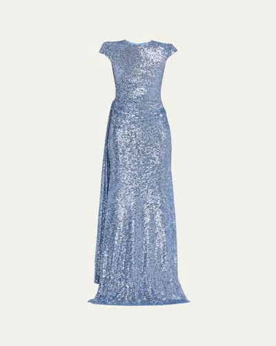 Naeem Khan Draped Sequin Cap-sleeve Gown In Blue
