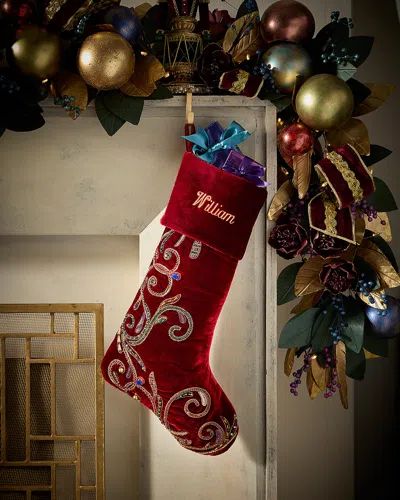 Neiman Marcus Spiritual Scroll Side-beaded Stocking, Personalized In Red