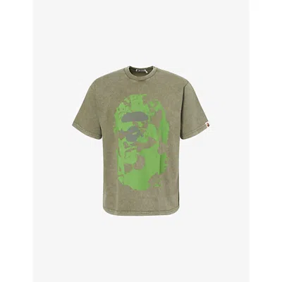 A Bathing Ape Mens Olive Drab Ape Head Brand-print Cotton-jersey T-shirt Xl In Green