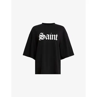 Allsaints Womens Black Amelie Branded-print Cotton-jersey T-shirt In Black
