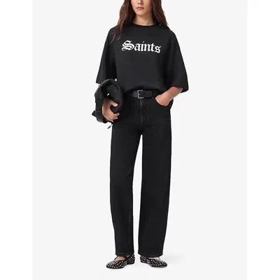 Allsaints Womens Black Amelie Branded-print Cotton-jersey T-shirt In Black
