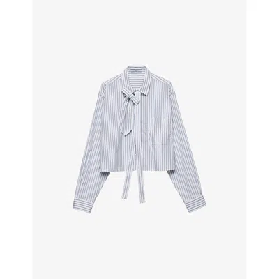 Prada Striped Poplin Short Shirt With Scarf Collar In Blue