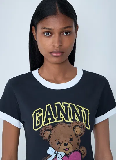 Ganni Graphic Print Crew Neck Short Sleeve Top In Blue