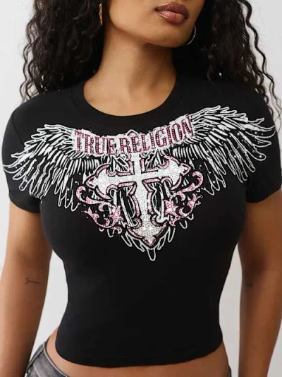 True Religion Rhinestone Wing Graphic Baby Tee In Black