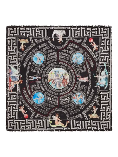 Faliero Sarti Square Scarf With Intricate Print And Frayed Edges In Black