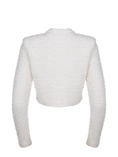 Self-portrait White Crewneck Cropped Cardigan With Crystal Embellishments On The Collar In Cotton Blend Woman In White