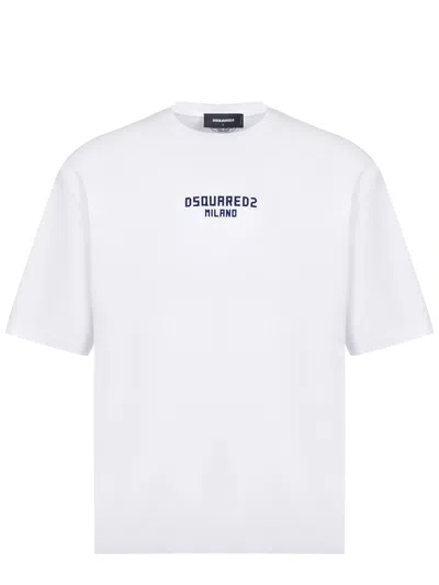 Dsquared2 Men White Crewneck T-shirt With Logo Lettering On The Front In Cotton Man In White
