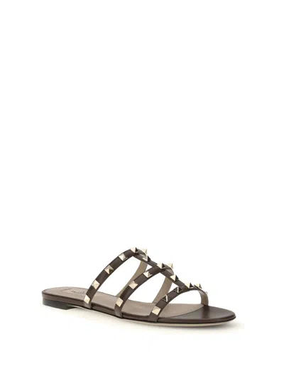 Valentino Black Calf Leather Bos Taurus Flat Sandals In Brown